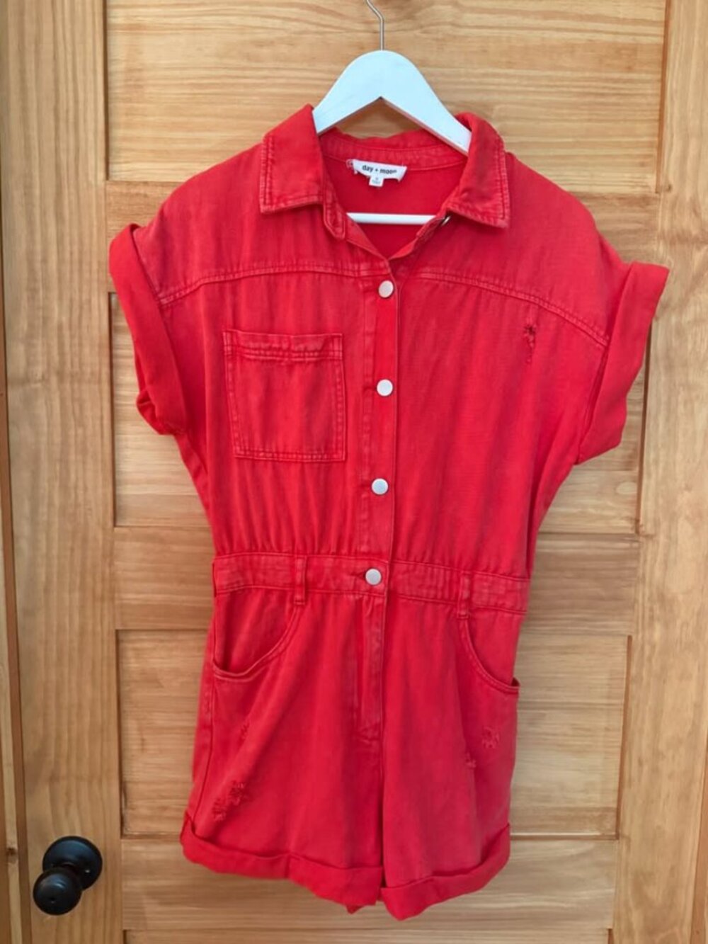 Day + Moon Red Lightly Distressed Button Front Utility Denim Romper size S